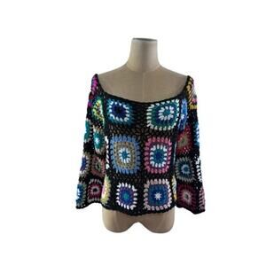 "EN CREME" Granny Square Crochet Cropped Sweater,Size OS, Boho, Artsy,‎ Grandma
